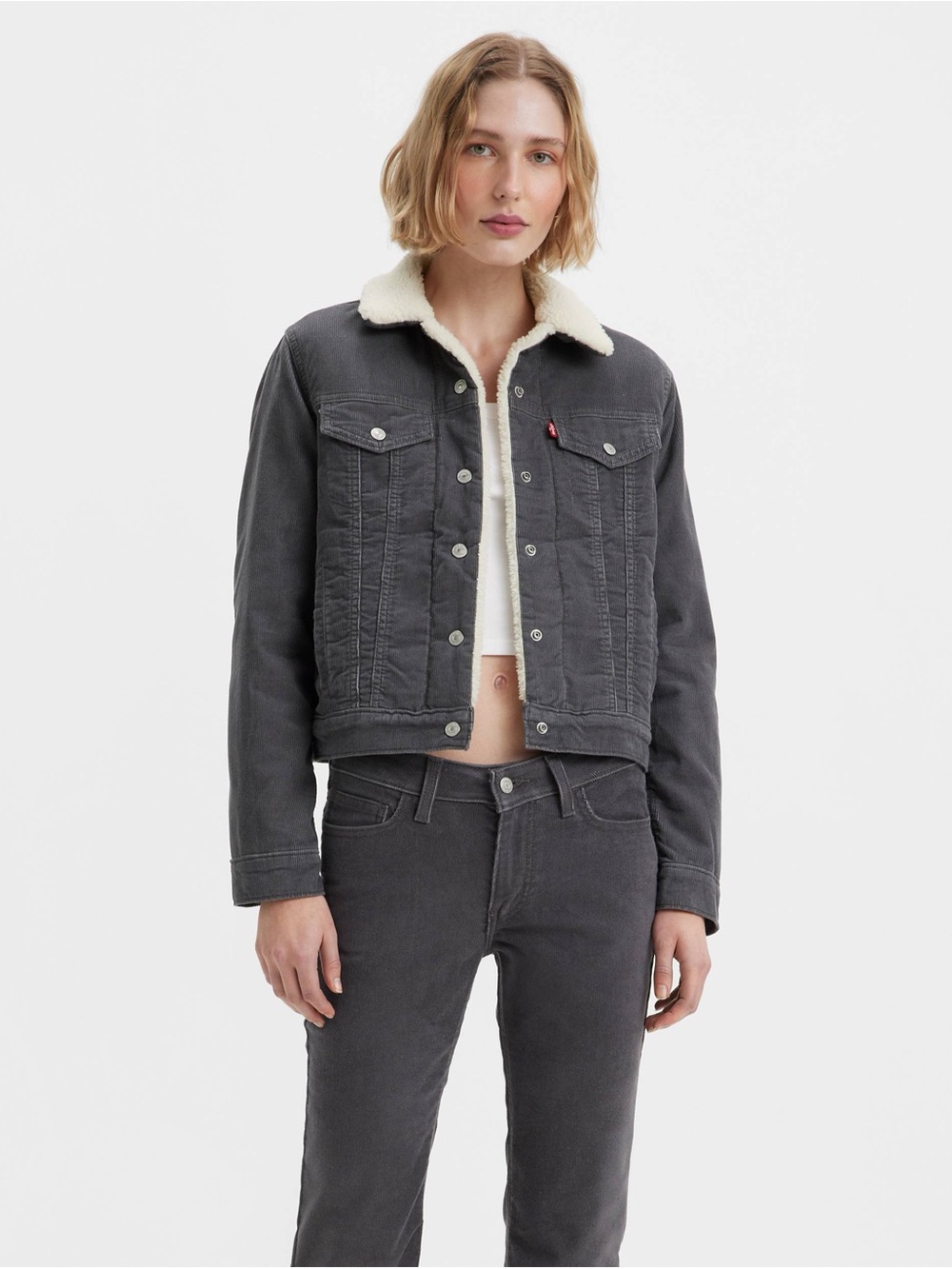 Levi’s Sherpa Lined Grey Corduroy Trucker Jacket Cozy Size S - Picture 4 of 13